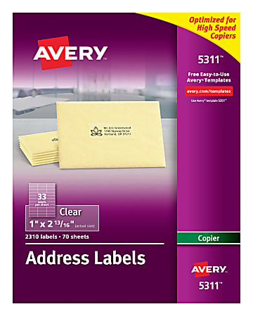 Avery® Permanent Address Labels For Copiers, 5311, Rectangle, 1" x 2-13/16", Clear, Pack Of 2,310