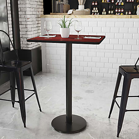 Flash Furniture Rectangular Laminate Table Top With Round Bar Height Table Base, 43-3/16”H x 24”W x 30”D, Mahogany