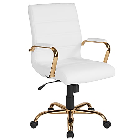 Flash Furniture LeatherSoft™ Faux Leather Mid-Back Office Chair With Chrome Base And Arms, White/Gold