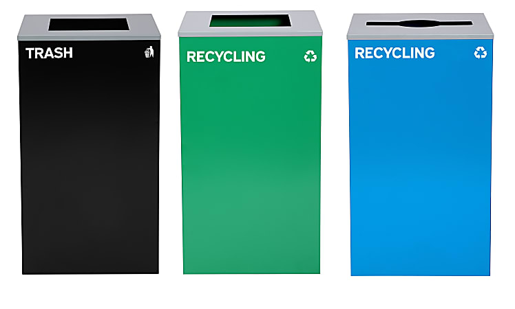 Alpine Industries Stainless-Steel Open Top Mixed Recycling And Trash Can Set With Square And Mixed Lids, 29 Gallons, 30”H x 16-15/16”W x 16-15/16”D, Black/Blue/Green, Set Of 3 Trash Cans