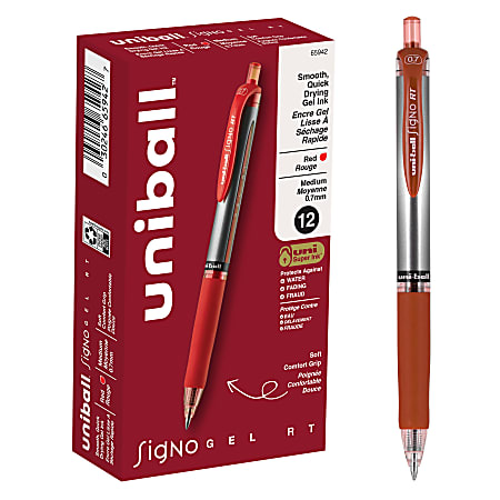 uni-ball® Signo Gel RT™ Retractable Pens, Medium Point, 0.7 mm, Silver Barrel, Red Ink, Pack Of 12 Pens