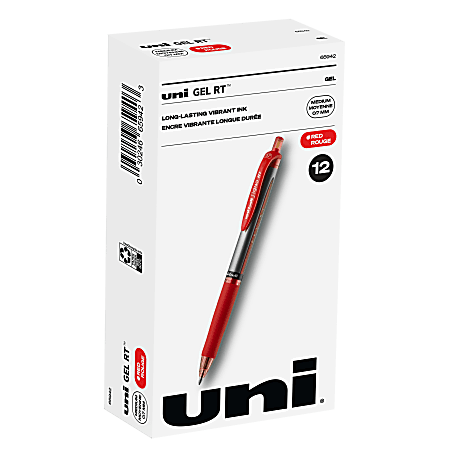 uni-ball® Signo Gel RT™ Retractable Pens, Medium Point, 0.7 mm, Silver Barrel, Red Ink, Pack Of 12 Pens