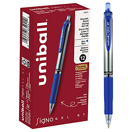 uni-ball® Signo Gel RT™ Retractable Pens, Medium Point, 0.7 mm, Silver Barrel, Blue Ink, Pack Of 12 Pens