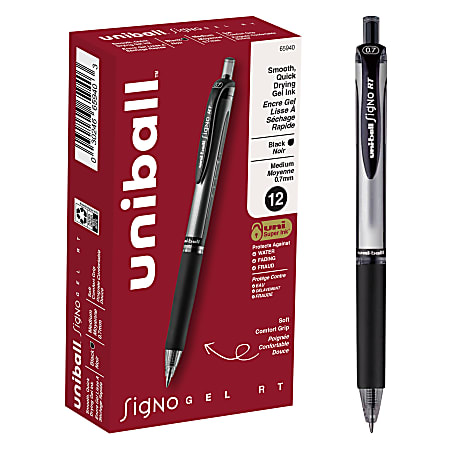 uni-ball® Signo Gel RT™ Retractable Pens, Medium Point, 0.7 mm, Silver Barrel, Black Ink, Pack Of 12 Pens