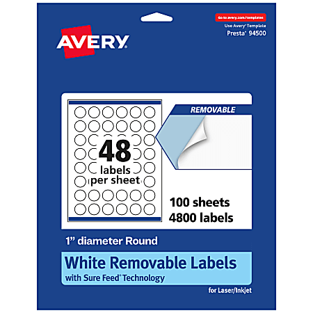 Avery® Removable Labels With Sure Feed®, 94500-RMP100, Round, 1" Diameter, White, Pack Of 4,800 Labels