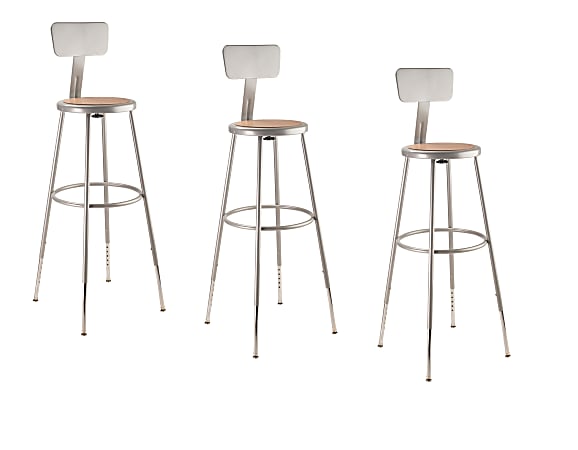 National Public Seating Adjustable Hardboard Stools With Backs, 32"-39"H, Gray, Set of 3