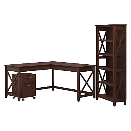 Bush Business Furniture Key West 60"W L-Shaped Corner Desk With Mobile File Cabinet And 5-Shelf Bookcase, Bing Cherry, Standard Delivery
