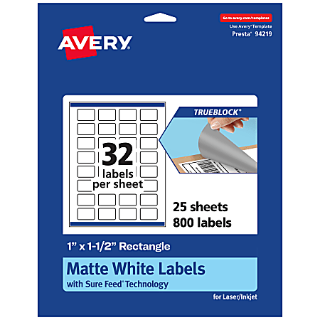 Avery® Print-To-The-Edge TrueBlock® Labels With Sure Feed®, 94219-TWMP25, Rectangle, 1" x 1-1/2", Matte White, Pack Of 800
