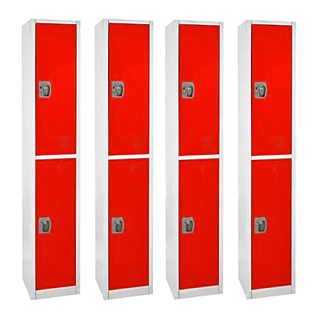 Alpine 2-Tier Steel Lockers, 72”H x 12”W x 12”D, Red, Set Of 4 Lockers