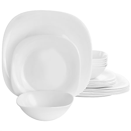 Gibson Ultra Piazza 18-Piece Soft Square Tempered Opal Glass Dinnerware Set, White