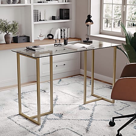 Martha Stewart Eli 47.25"W Home Office Glass Top Computer Desk With Metal Frame, Clear/Polished Brass
