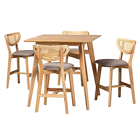 Baxton Studio Dannell Mid-Century Modern 5-Piece Pub Set, 36"H x 35-7/16"W x 35-7/16"D, Gray/Natural Oak/Light Brown