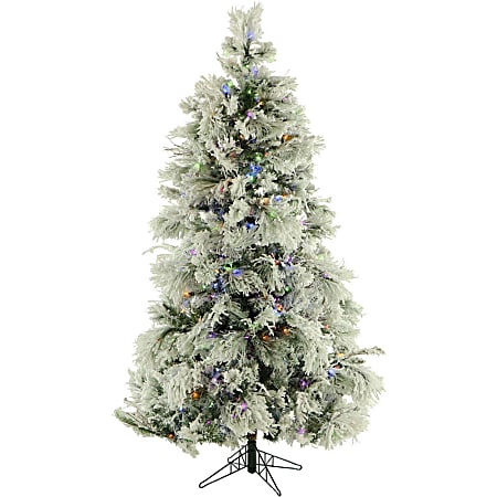 Fraser Hill Farm Flocked Snowy Pine Christmas Tree, 6 1/2' X 80" Diameter, With Clear LED String Lighting