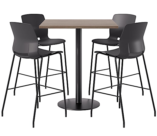 KFI Studios Proof Bistro Square Pedestal Table, Includes 4 Stools, 43-1/2”H x 36”W x 36”D, Studio Teak Top/Black Base/Black Chairs - 840031941077