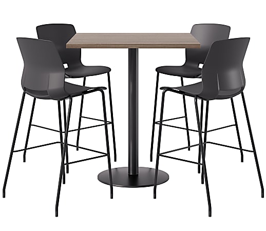 KFI Studios Proof Bistro Square Pedestal Table With Imme Bar Stools, Includes 4 Stools, 43-1/2”H x 36”W x 36”D, Studio Teak Top/Black Base/Black Chairs