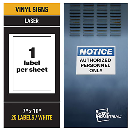 Avery® Industrial Adhesive Vinyl Signs, 61552, 10"W x 37"D, White, Pack Of 25 Signs