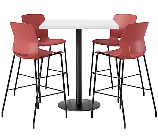 KFI Studios Proof Bistro Square Pedestal Table, Includes 4 Stools, 43-1/2”H x 36”W x 36”D, River Cherry Top/Black Base/Coral Chairs - 840031941299