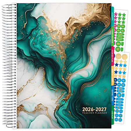 2026-2027 Excello Brands Weekly/Monthly Academic Year Deluxe Teacher Planner, 8-1/2" x 11", Teal Gold Marble, August To July, Total Qty 1