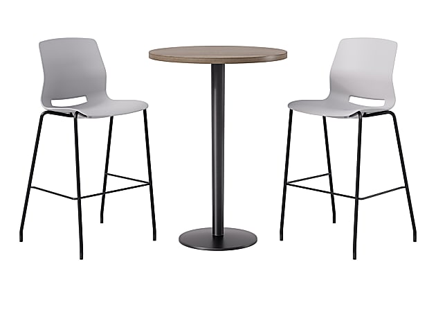 KFI Studios Proof Bistro Round Pedestal Table With Imme Barstools, 2 Barstools, Studio Teak/Black/Light Gray Stools