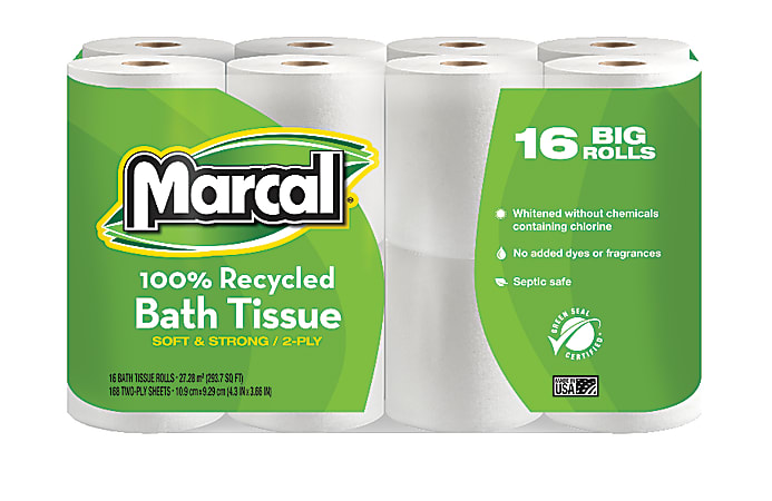 Marcal® Small Steps® 2-Ply Toilet Paper, 100% Recycled, 168 Sheets Per Roll, Pack Of 16 Rolls, 16466
