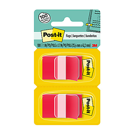 Post-it&reg; Notes Flags, 1" x 1-7/10", Red, 50 Flags Per Pad, Pack Of 2 Pads