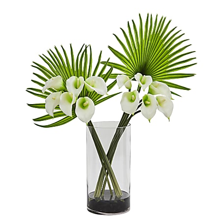 Nearly Natural Calla Lily And Fan Palm 27”H Artificial Floral Arrangement With Glass Cylinder Vase, 27”H x 20”W x 10”D, Cream