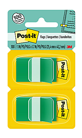 Post-it® Flags, 1" x 1 -11/16", Green, 50 Flags Per Pad, Pack Of 2 Pads