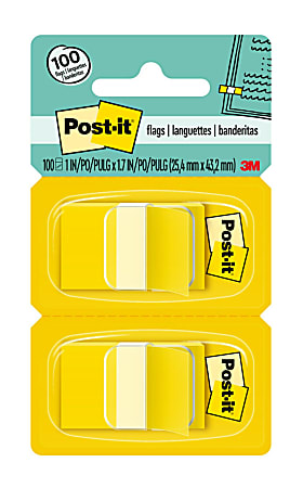 Post-it® Notes Flags, 1" x 1-7/10", Yellow, 50 Flags Per Pad, Pack Of 2 Pads