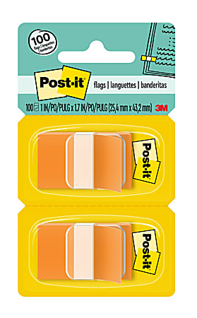 Post-it® Flags, 1" x 1 -11/16", Orange, 50 Flags Per Pad, Pack Of 2 Pads