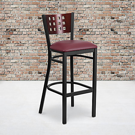Flash Furniture Decorative Metal/Vinyl Restaurant Barstool With Cutout Back, Burgundy/Mahogany/Black
