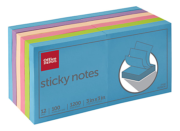 Office Depot® Brand Sticky Notes, 3" x 3", Assorted Neon Colors, 100 Sheets Per Pad, Pack Of 12 Pads, 21332-BRIGHT-12PK
