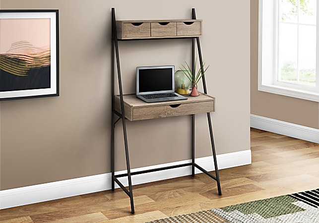 Monarch Specialties Junior Computer Desk, Ladder Style With 2-Tiers/4 Drawers, Dark Taupe/Black