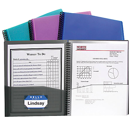 C-Line® 8-Pocket Spiral-Bound Poly Portfolios, 8 1/2" x 11", Assorted Colors, Pack Of 6