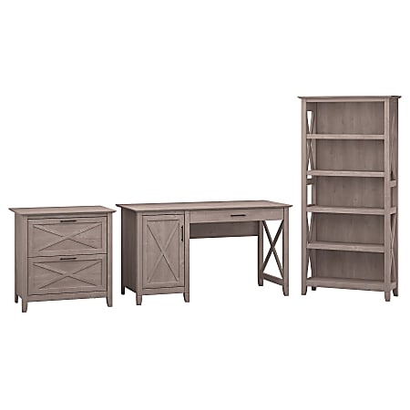 Bush Furniture Key West 54"W Computer Desk With Storage, 2 Drawer Lateral File Cabinet And 5 Shelf Bookcase, Washed Gray, Standard Delivery