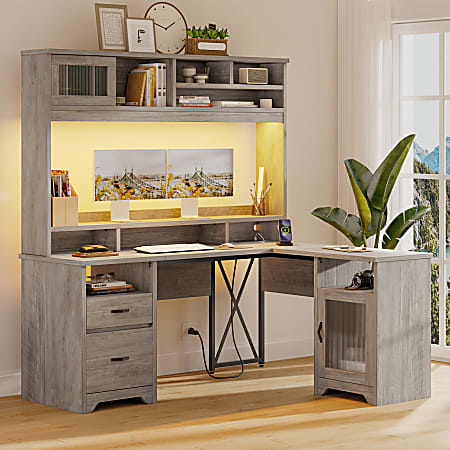 Bestier 63"W L-Shaped Ergonomic Corner Desk, Gray
