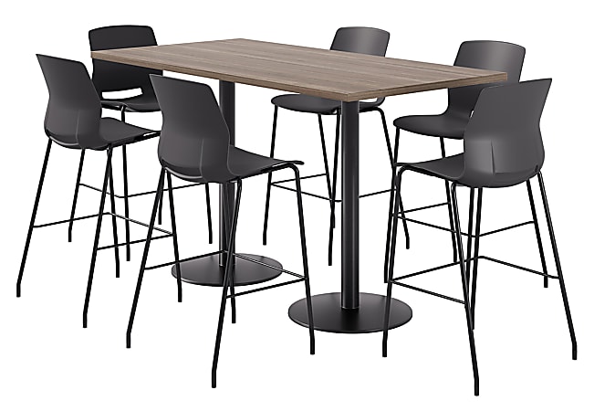 KFI Studios Proof Bistro Rectangle Pedestal Table With 6 Imme Barstools, 43-1/2"H x 72"W x 36"D, Studio Teak/Black/Black Stools