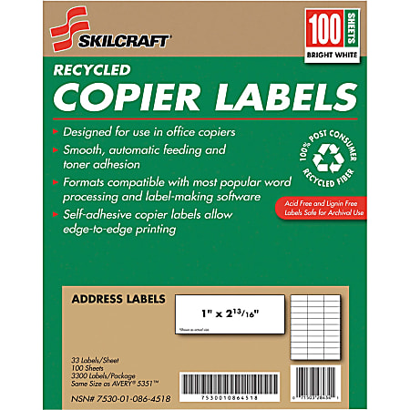 SKILCRAFT® 100% Recycled Copier Address Labels, Rectangle,