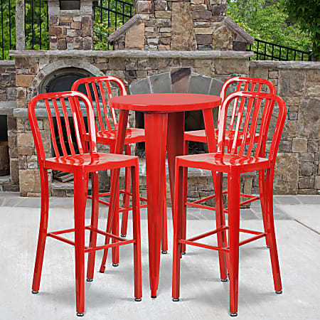 Flash Furniture Commercial-Grade Round Metal Indoor-Outdoor Bar Table Set With 4 Vertical Slat-Back Stools, 41"H x 24"W x 24"D, Red