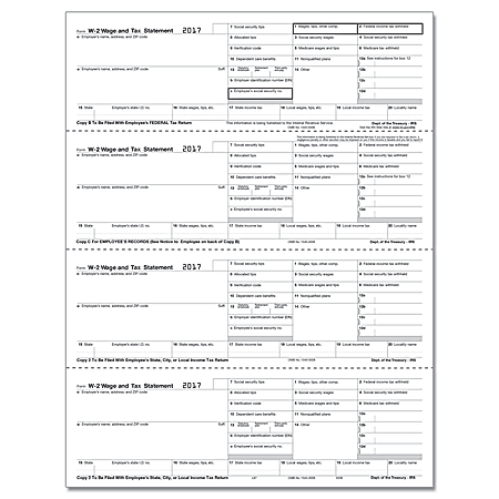 ComplyRight W-2 Inkjet/Laser Tax Forms For 2017, Horizontal Employee Copies B, C, 2 And Extra Local/City Tax Copy, 4-Up, 8 1/2" x 11", Pack Of 50 Forms