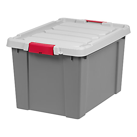 Office Depot® Brand Plastic Storage Tote With Handles/Latch Lid, 25" x 17 9/16" x 14 1/8", Gray/Red