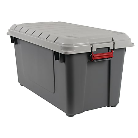Office Depot® Brand Plastic Storage Trunk With Handles/Latch Lid, 30" x 15 3/8" x 16", Gray/Red