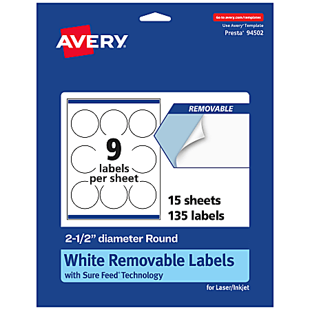 Avery® Removable Labels With Sure Feed®, 94502-RMP15, Round, 2-1/2" Diameter, White, Pack Of 135 Labels