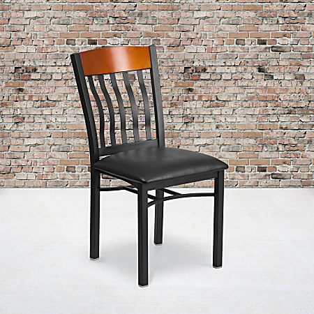 Flash Furniture Vertical-Back Metal And Wood Restaurant Accent Chair With Vinyl Seat, Cherry/Black