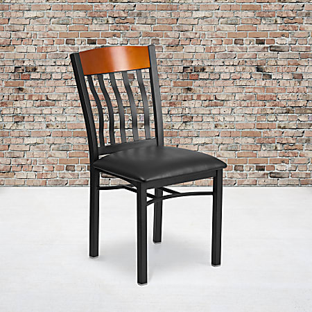 Flash Furniture Vertical-Back Metal And Wood Restaurant Accent Chair With Vinyl Seat, Cherry/Black