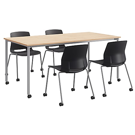 KFI Studios Dailey Table And 4 Chairs, With Caster, Natural/Silver Table, Black/Silver Chairs