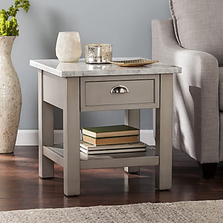 Southern Enterprises Youngston Faux Marble End Table, Square, Antique Gray/White/Brushed Nickel