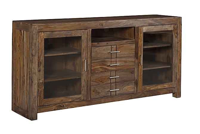 Coast to Coast Liam 4-Drawer 2 Glass Door Wood Console Audio Cabinet, 34"H x 67"W x 16"D, Brownstone