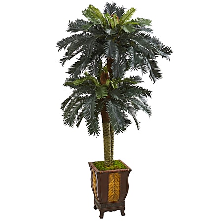 Nearly Natural Double Sago Palm 72”H Artificial Tree With Designer Planter, 72”H x 34”W x 34”D, Green