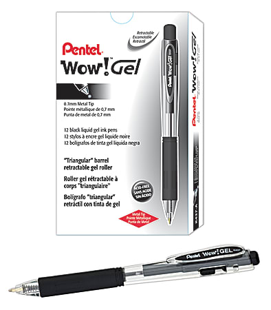 Pentel® Wow!™ Retractable Gel Roller Pens, Medium Point, 0.7 mm, Clear Barrel, Black Ink, Pack Of 12