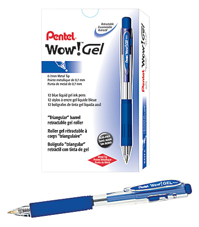 Pentel® Wow!™ Retractable Gel Roller Pens, Medium Point, 0.7 mm, Clear Barrel, Blue Ink, Pack Of 12